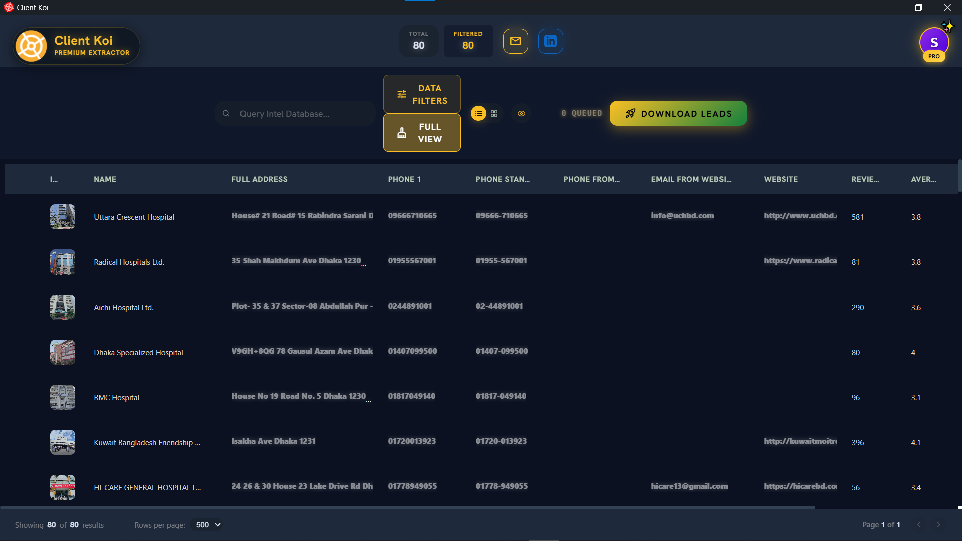 Client Koi dashboard preview of extracted B2B leads